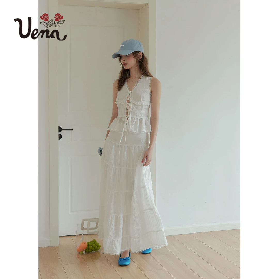 【娜娜专属】Uena白色肌理感胸前刺绣绑带背心蕾丝花边半身裙套装