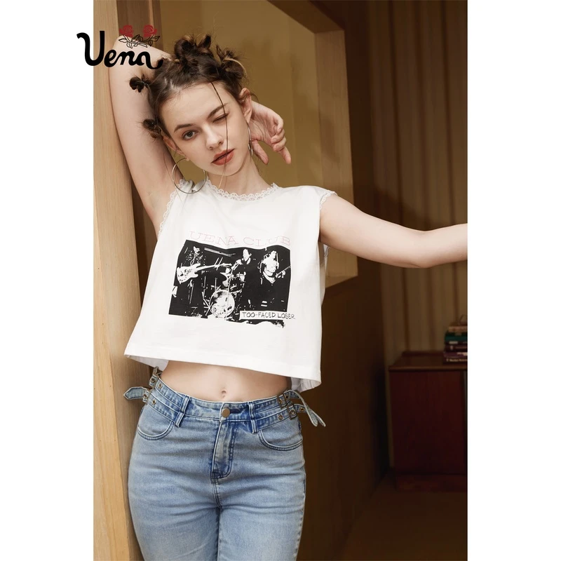 【爆裂鼓手】Uena美式复古蕾丝花边乐队印花短款宽松无袖背心上衣