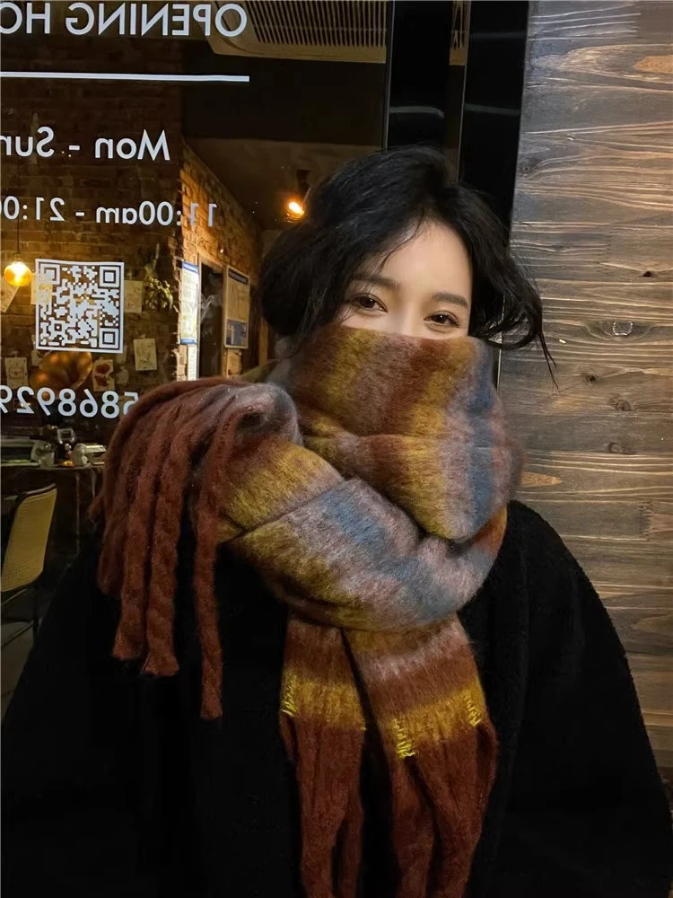 彩虹条纹围巾女秋冬季保暖防寒加厚马海毛围脖披肩两用高级感学生