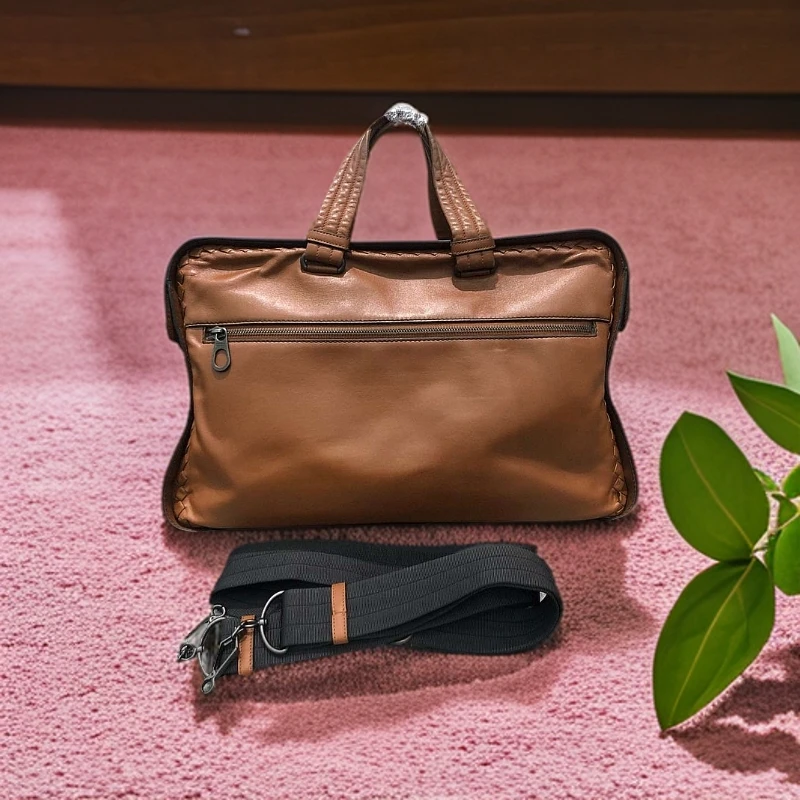 95新 BOTTEGA VENETA/葆蝶家 BV金棕色手提公文包 单肩包 41*26
