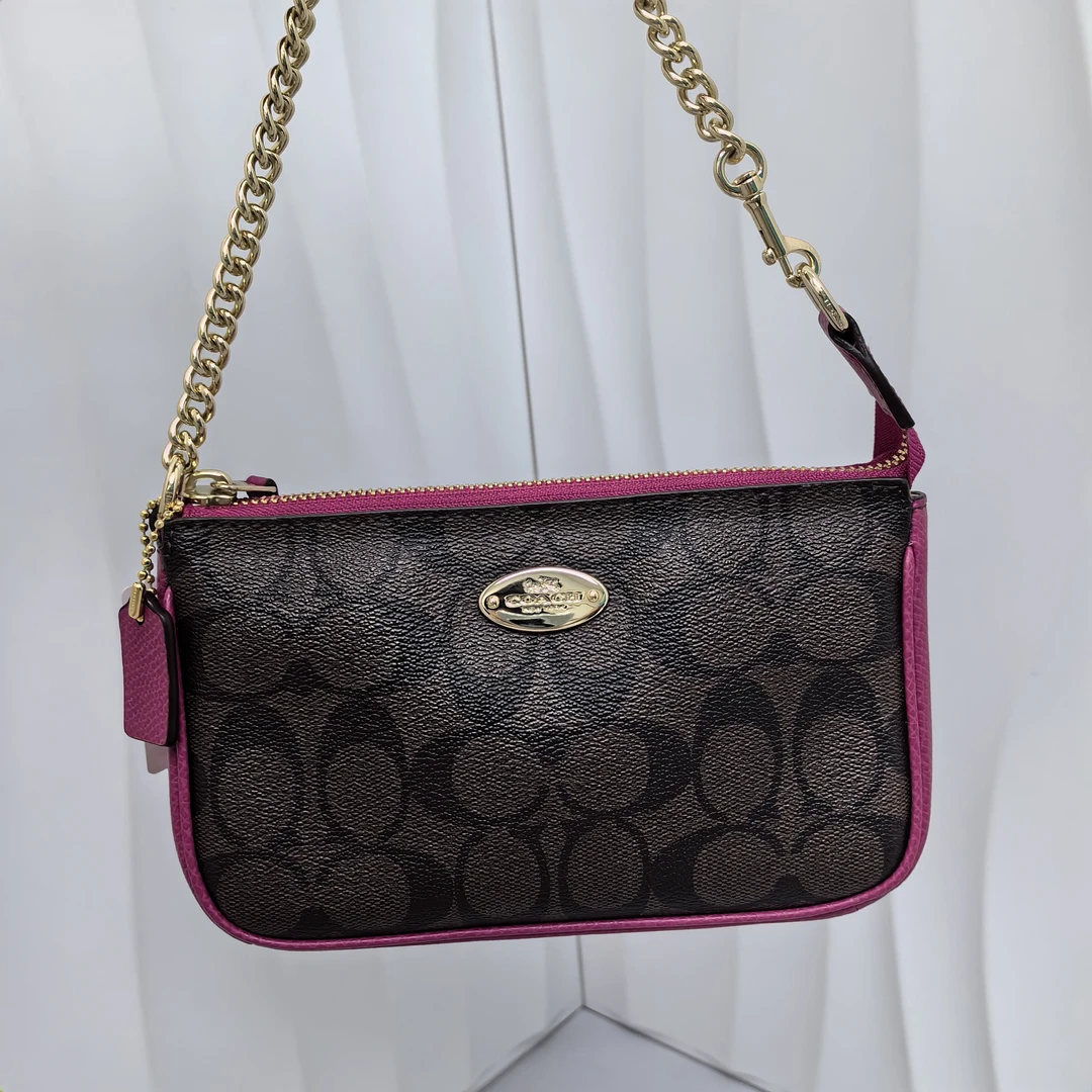 99新 COACH/蔻驰 蔻驰 老花拼玫红 腋下包 麻将包 手提包7995980