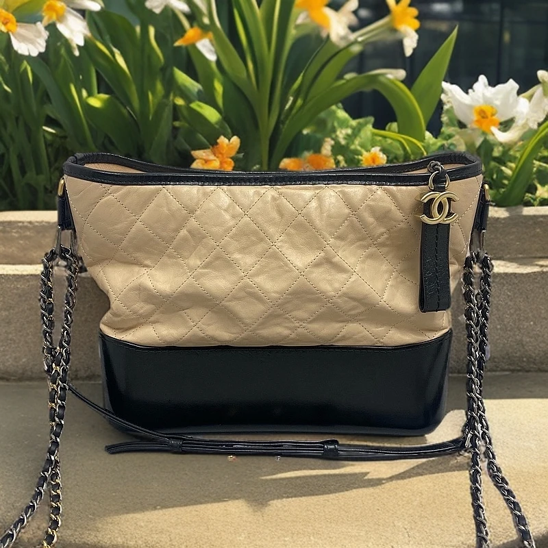 95新 Chanel/香奈儿 流浪包中号米色拼黑色链条包 单肩包 9696804