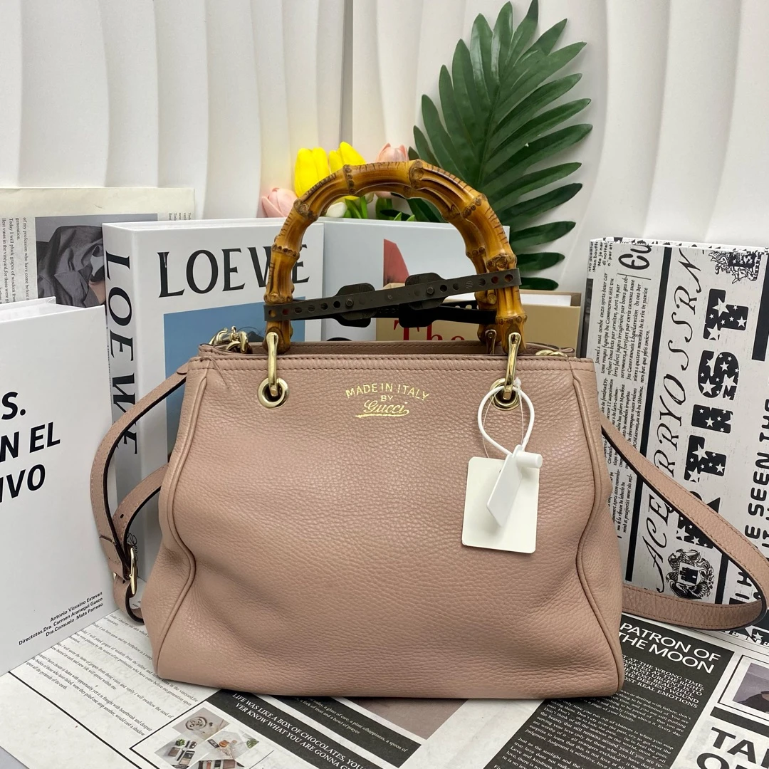 95新 GUCCI/古驰 古驰 藕粉色竹节手提斜挎包 11215690女包