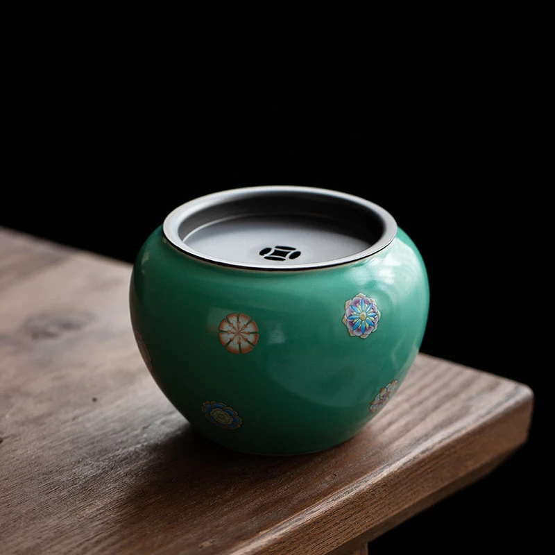松石绿水盂建水创意中式陶瓷带盖茶洗复古茶渣桶功夫日式配件家用