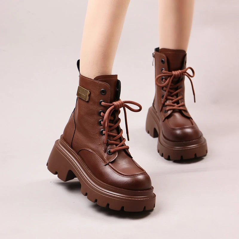 真皮马丁靴女厚底增高显瘦女靴子2024秋冬新款英伦风加绒保暖短靴