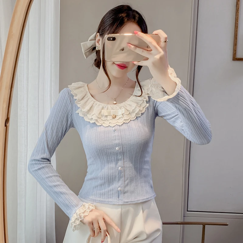 甜美设计感蕾丝花边长袖恤女秋季2024新款百搭修身短款打底上衣