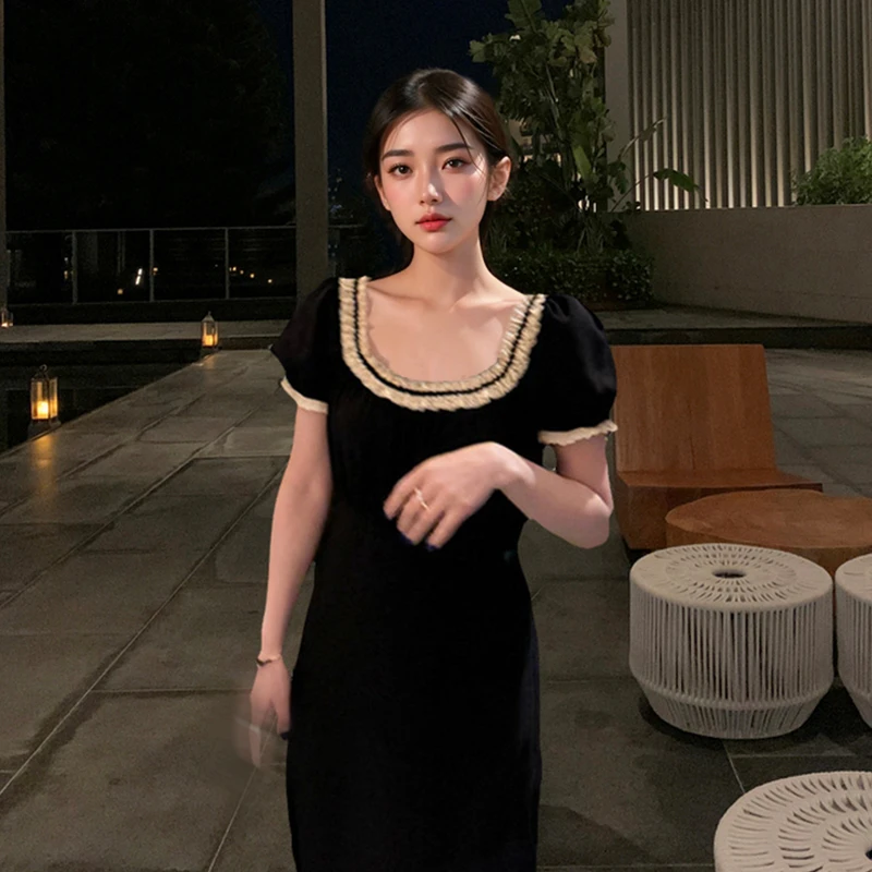 春花珠落 法式赫本风氛围感小黑裙夏季新款蕾丝拼接泡泡袖长裙子