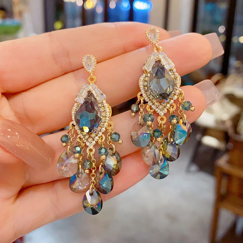 铜合金亚克力耳饰 民族风渐变色耳环女港风复古轻奢长款重工耳坠