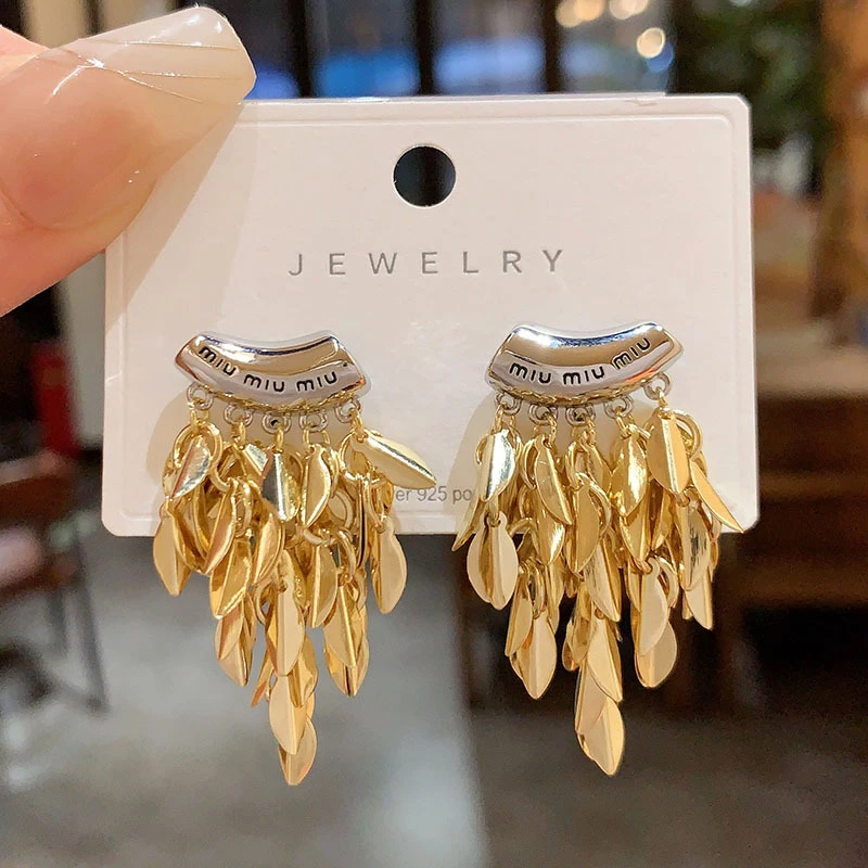 铜合金亚克力耳饰 个性独特金银撞色麦穗耳钉设计感小众百搭流苏