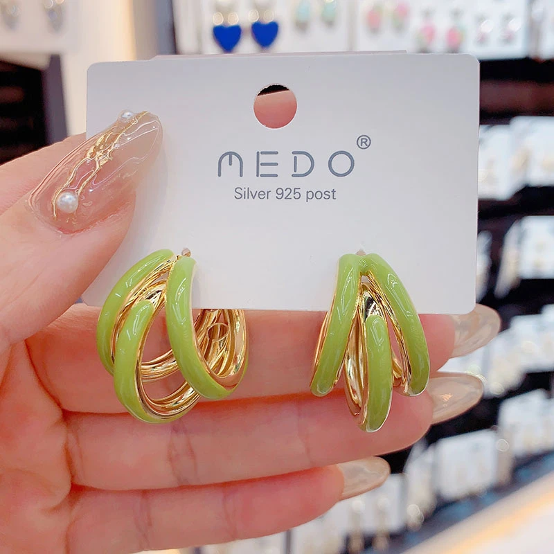 铜合金耳饰 欧美大气网红三环耳圈绿色小众气质圈圈耳环