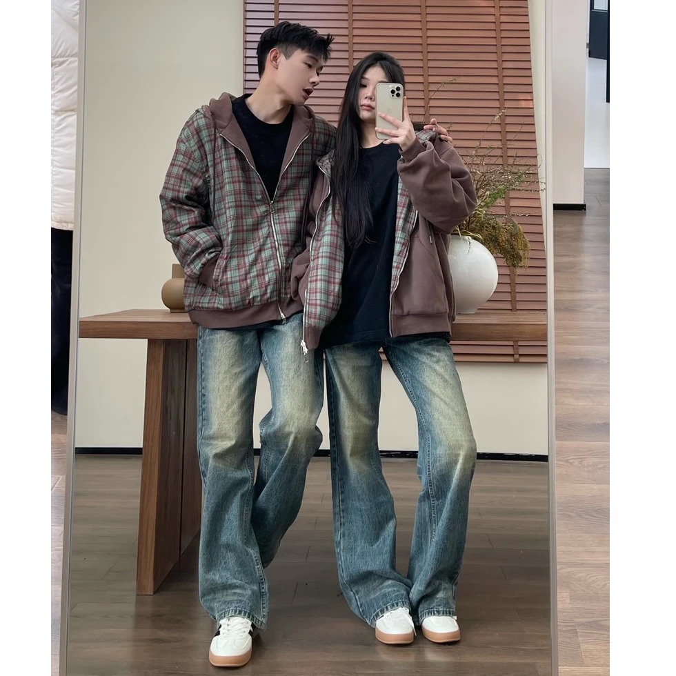 美式复古双面穿拼色格子开衫卫衣男女春秋新款中性宽松连帽薄外套