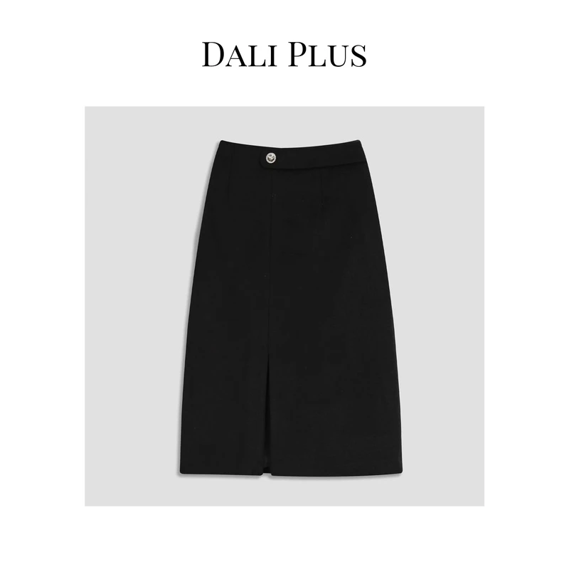 黑色银扣羊毛呢半裙优雅前开叉半身裙-23SS0018