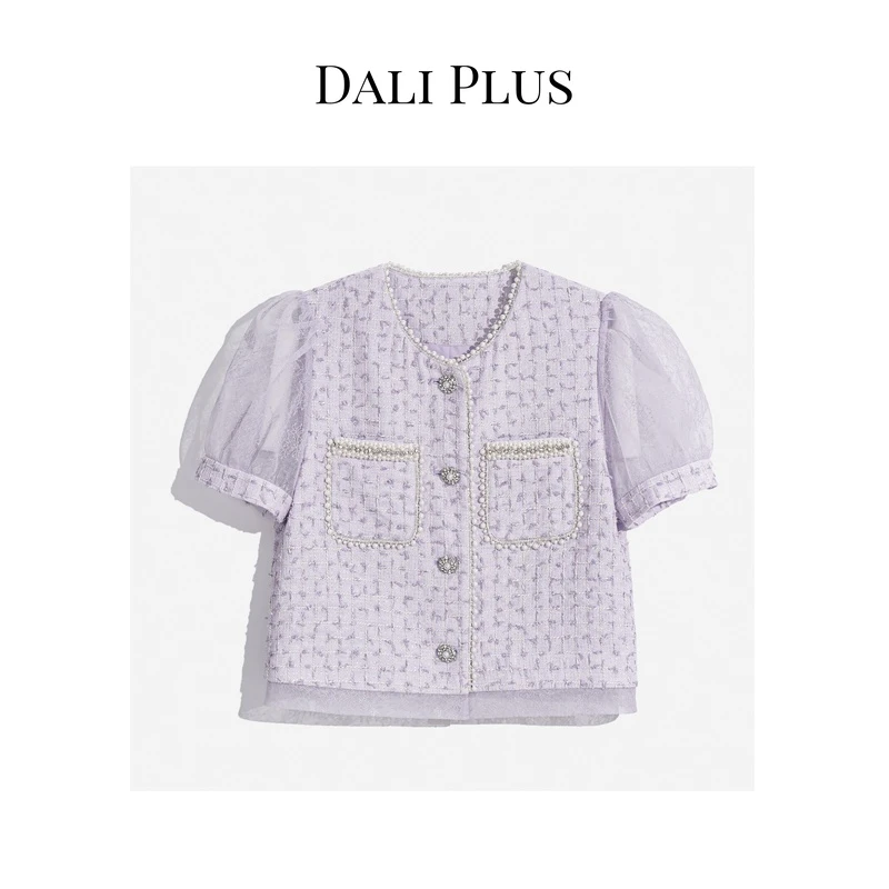 DALI PLUS优雅韵味紫色气质 网纱圆领泡泡袖夏季小香风外套-WT279