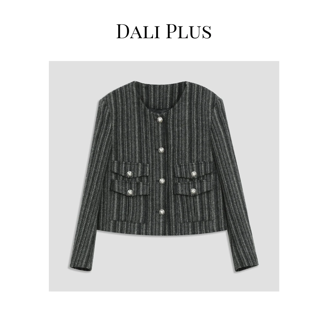 DALI PLUS高奢线  精纺羊毛深灰条纹小香秋季女外套-23684145