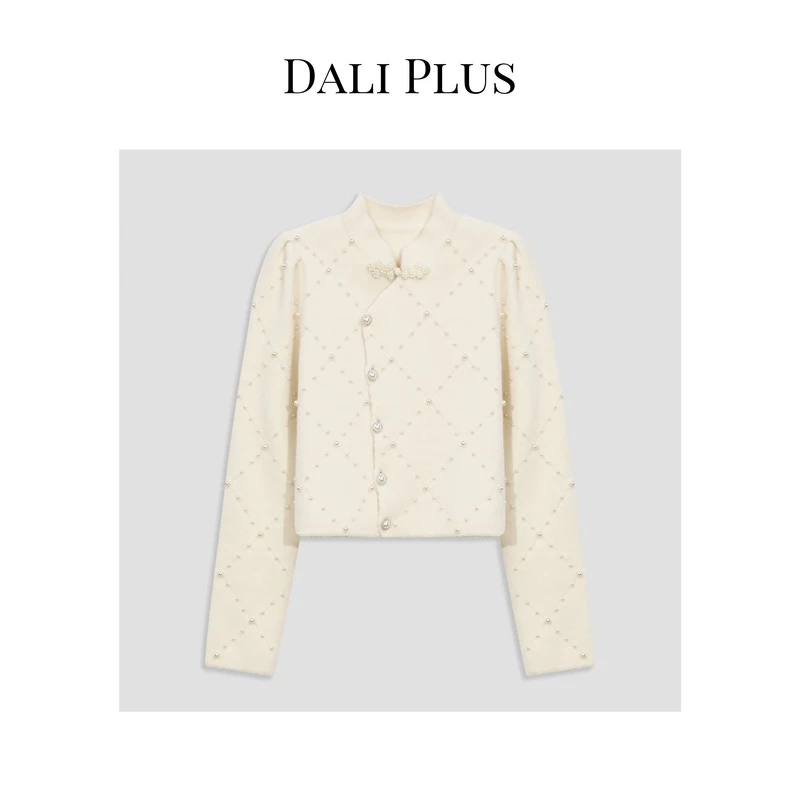 DALI PLUS微中式斜门襟重工菱形钉珠设计长袖针织毛衣-23XX0060-1