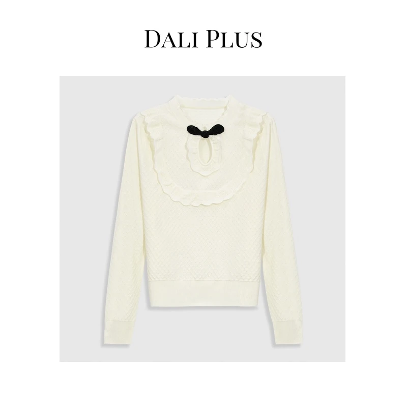 DALI PLUS新中式恋夏风绵羊毛盘扣花边领设计薄款针织衫-D4XX0091