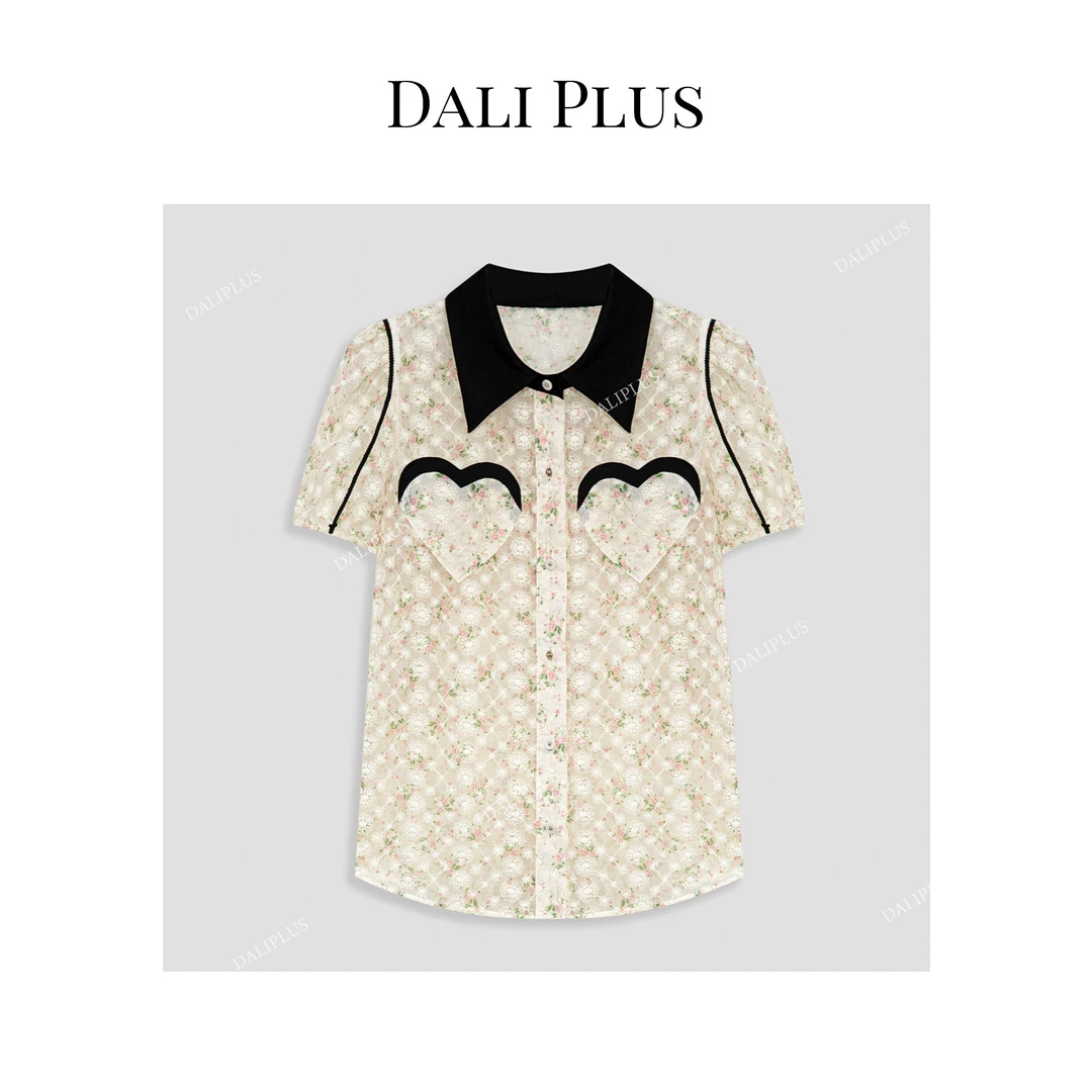 DALI PLUS时尚爱心气质碎花高级百搭奶油黄短袖印花衬衫-D4MM0172