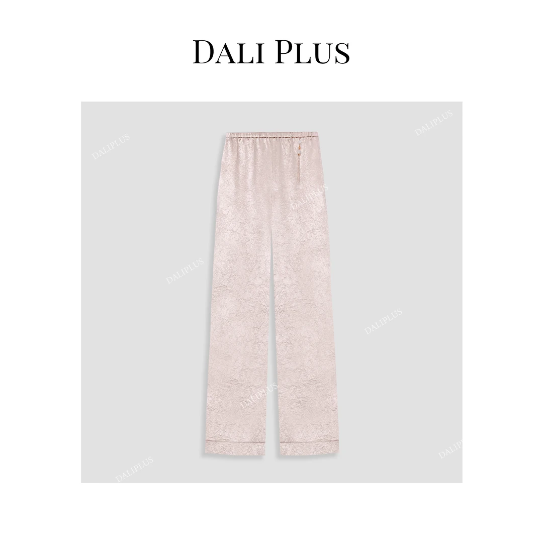 DALI PLUS重磅醋酸香槟玫瑰粉高腰松紧宽松阔腿长裤-D4XY0091