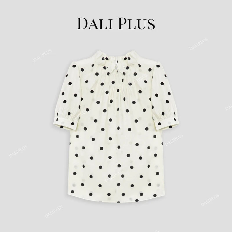 DALI PLUS法式天丝立领复古回潮白色波点短袖衬衫D4SZ0016