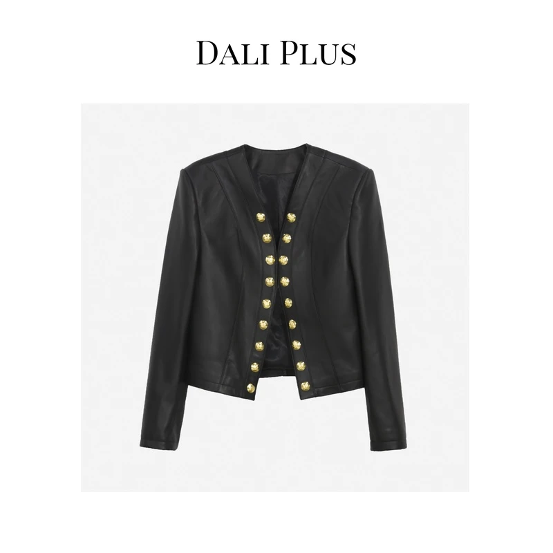 DALI PLUS高端线真皮 品质款 黑金气质双排金扣皮衣女外套-WT3695