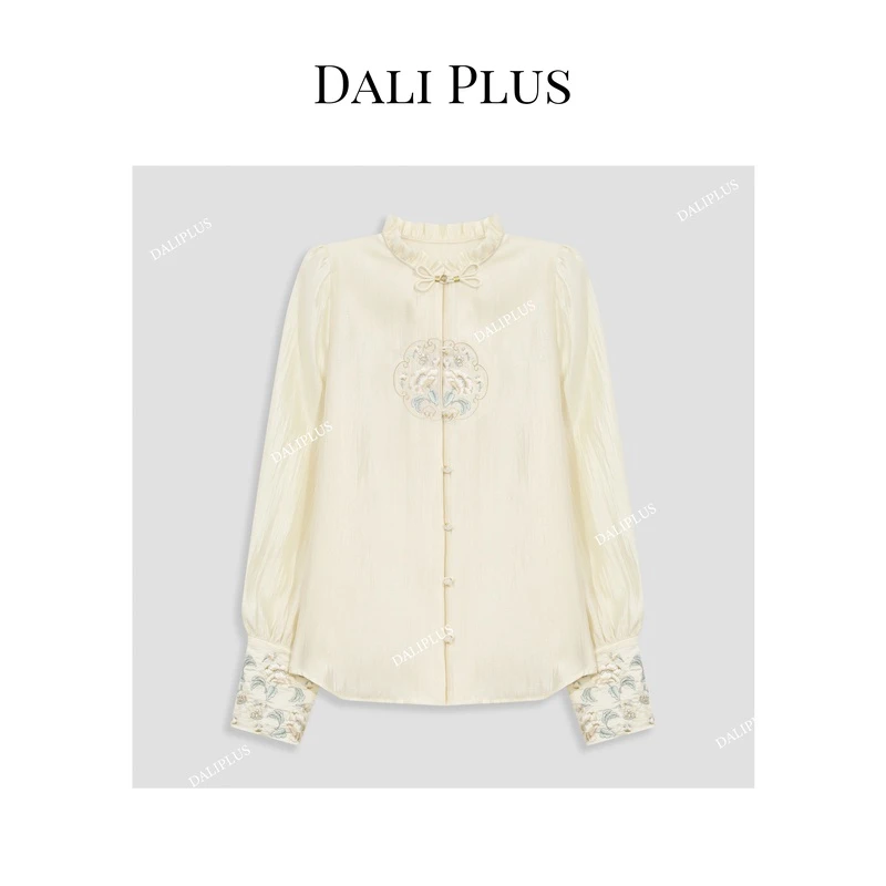 DALI PLUS新国风新中式小立领刺绣绣花衬衫盘扣醋酸衬衣-D4XX0028