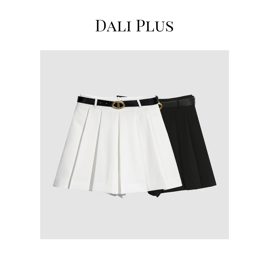 DALI PLUS超显腿长气质 纯色百褶金扣腰带A字显瘦半身裙-23363286