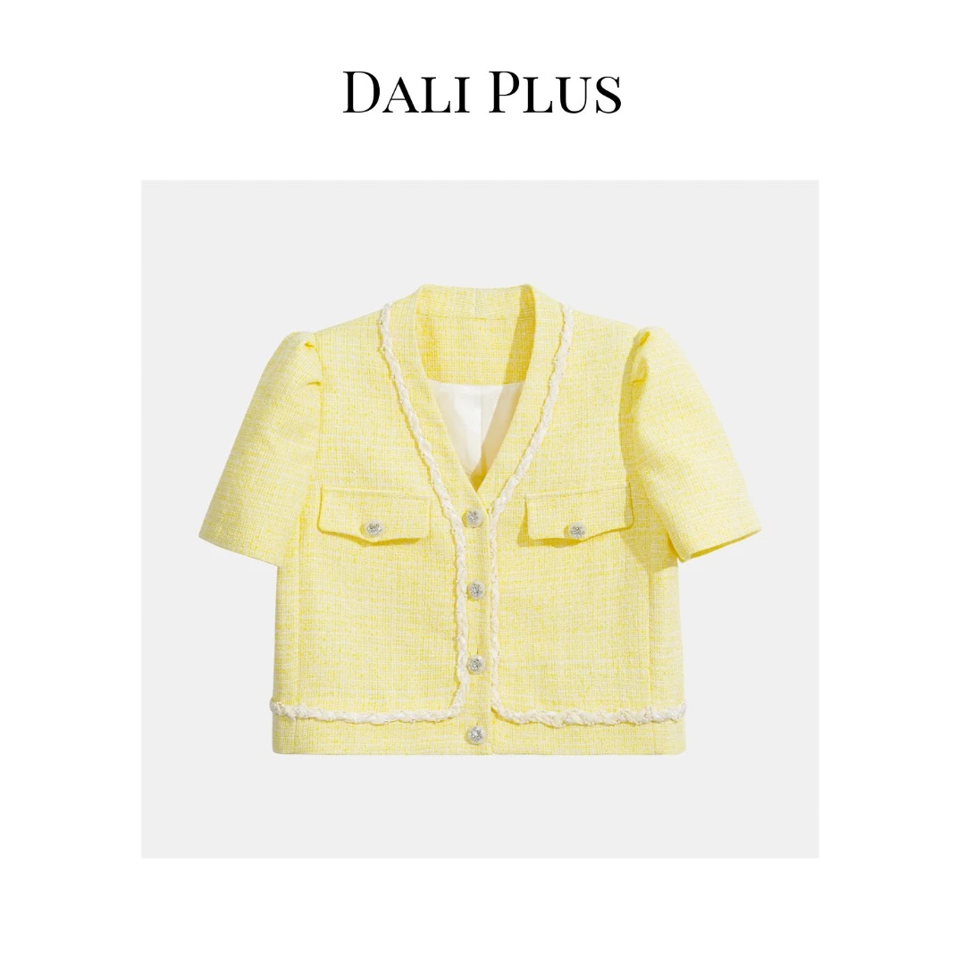 DALI PLUS洋气V领休闲织带茉莉黄气质小香风短袖上衣女外套-G6051