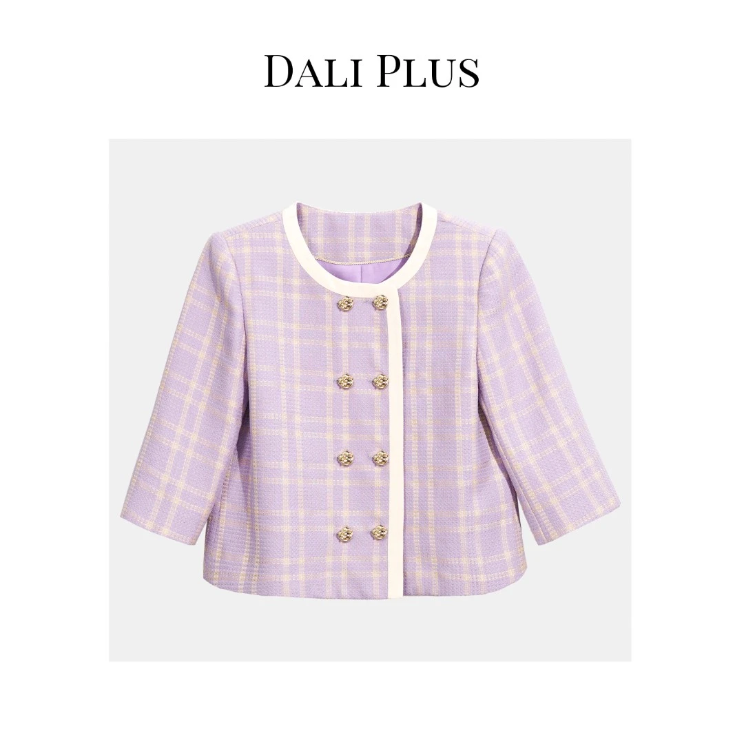DALI PLUS春季气质白色包边紫色格子时尚小香风短袖上衣外套-3748
