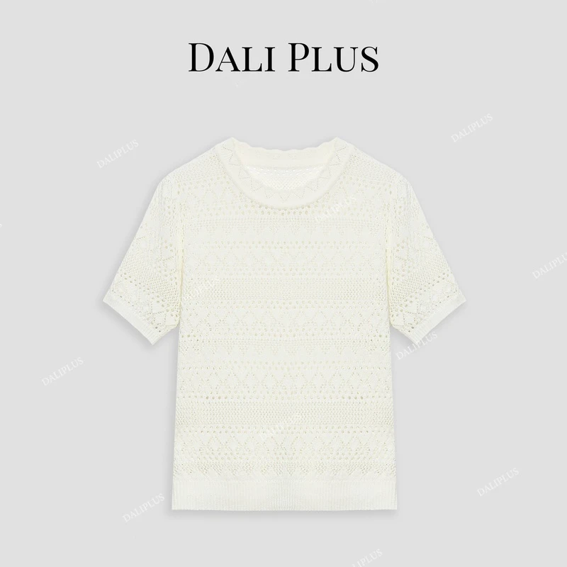 DALI PLUS法式钩花设计亚麻天丝花边圆领薄款针织衫T恤-D4ZW0012