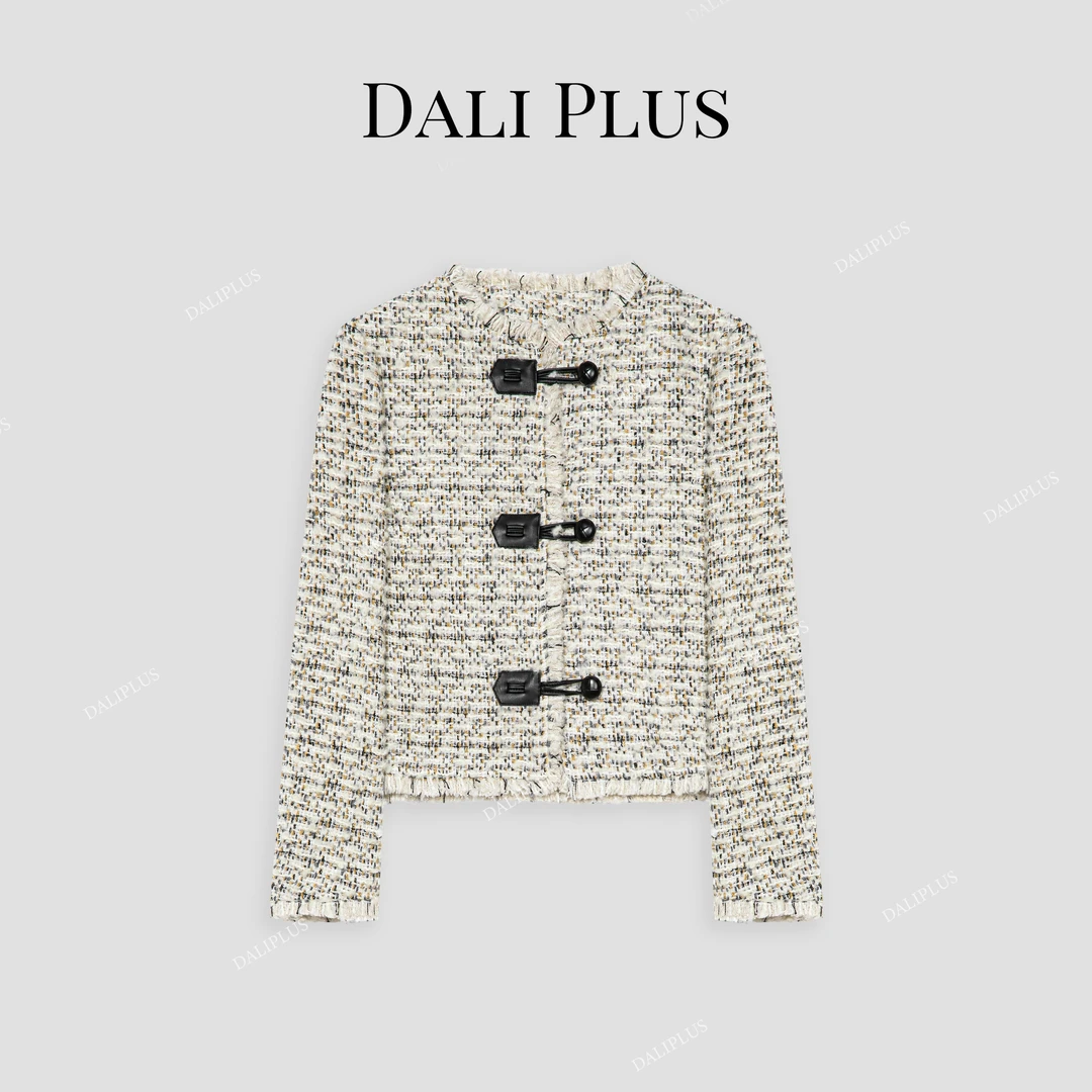 DALI PLUS时髦经典通勤气质拼真皮纽扣小香风粗花呢外套-D4TY0078