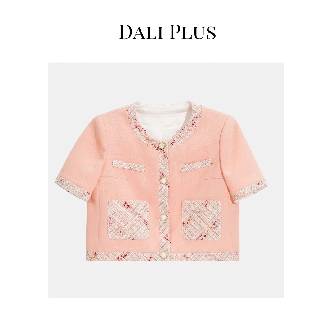 DALI PLUS夏季气质百搭橘色圆领醋酸拼小香风短袖上衣女外套G6090