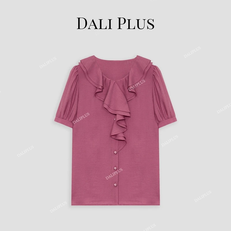 DALI PLUS法式优雅玫紫色醋酸双层荷叶边泡泡短袖衬衫-D4XL0043