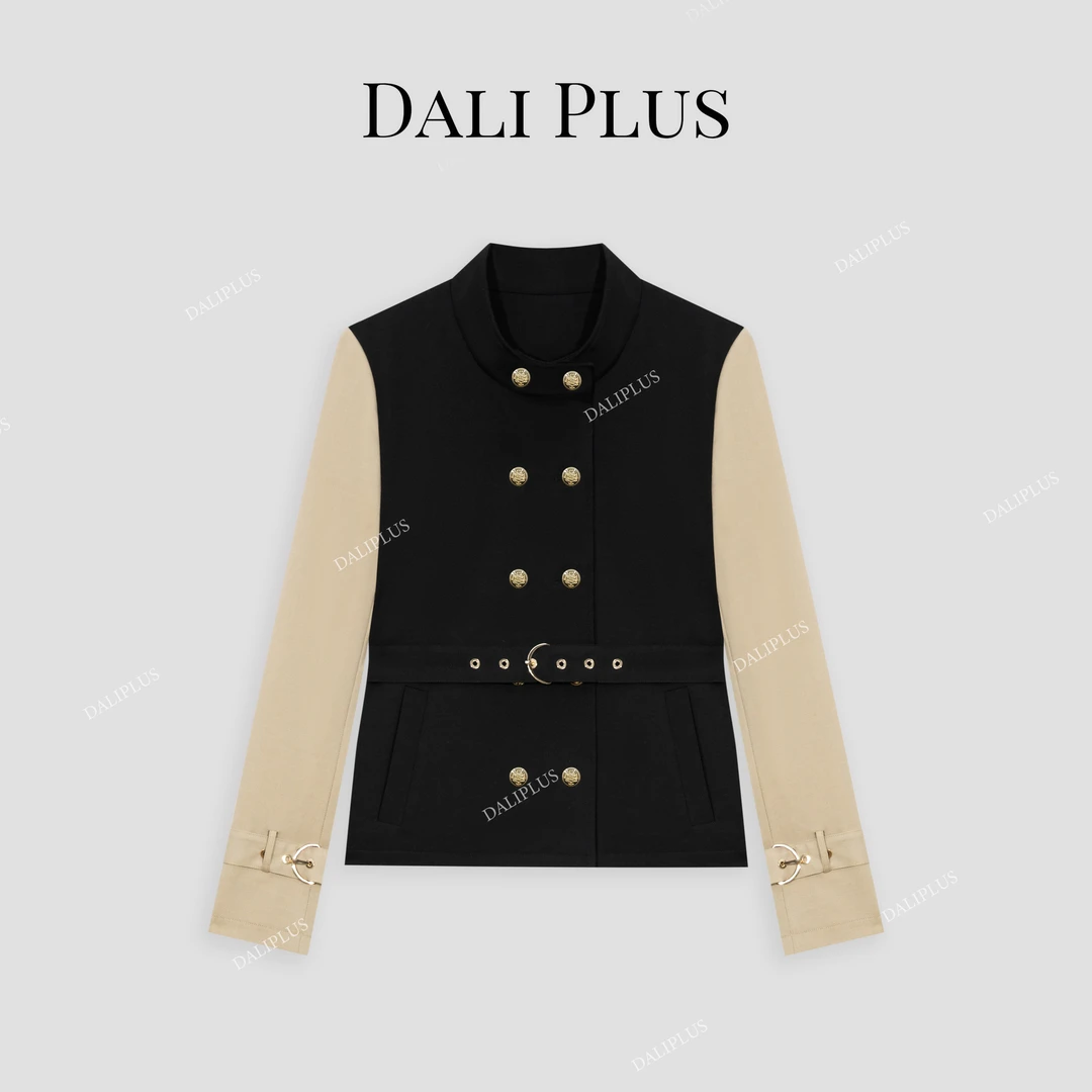 DALI PLUS短款假两件 双排扣法式通勤立领撞色风衣外套-D4XY0193