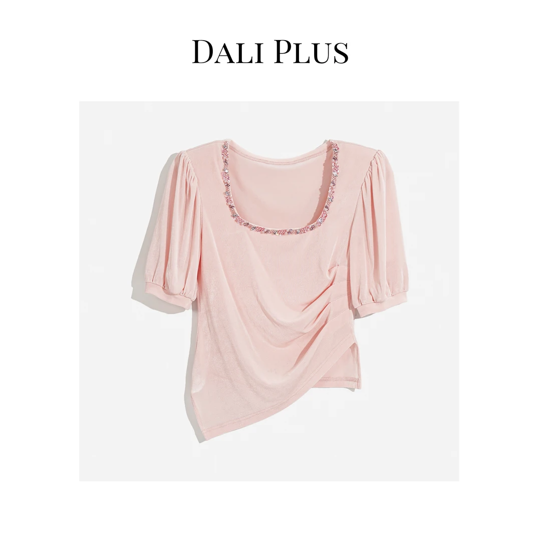 DALI PLUS夏季精致彩钻大方领气质舒适透气粉色圆领醋酸T恤-TX199