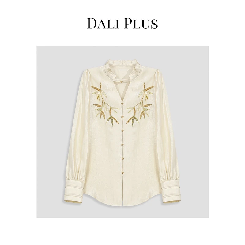 DALI PLUS新中式钉珠竹子金线刺绣立领别致国风禅意衬衫-D4XX0080