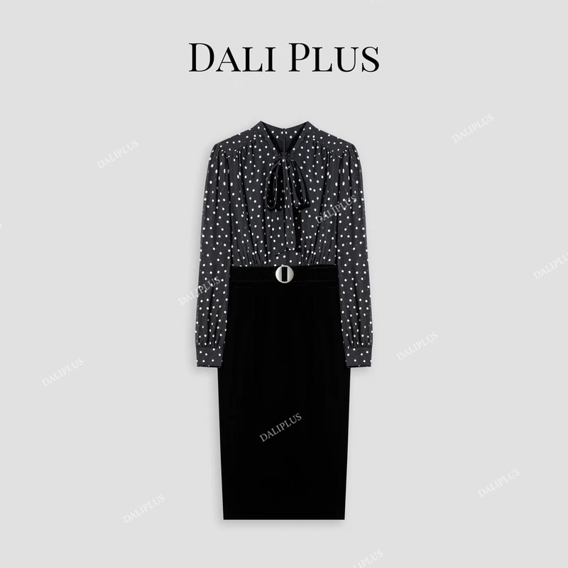 DALI PLUS高级感复古优雅假两件收腰黑波点丝绒连衣裙-D4SZ0099