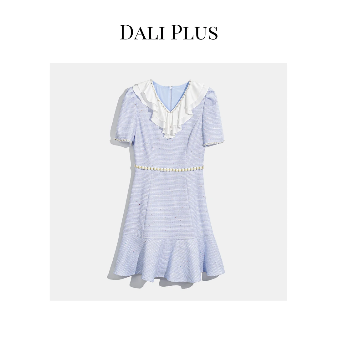 DALI PLUS海洋之心 法式V领荷叶边鱼尾裙摆小香风连衣裙-XT04L005