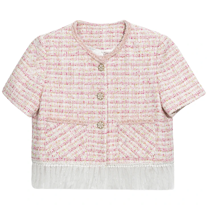 DALI PLUS甜美气质 拉毛拼纱网嫩菱粉小香短袖上衣女外套-F233087