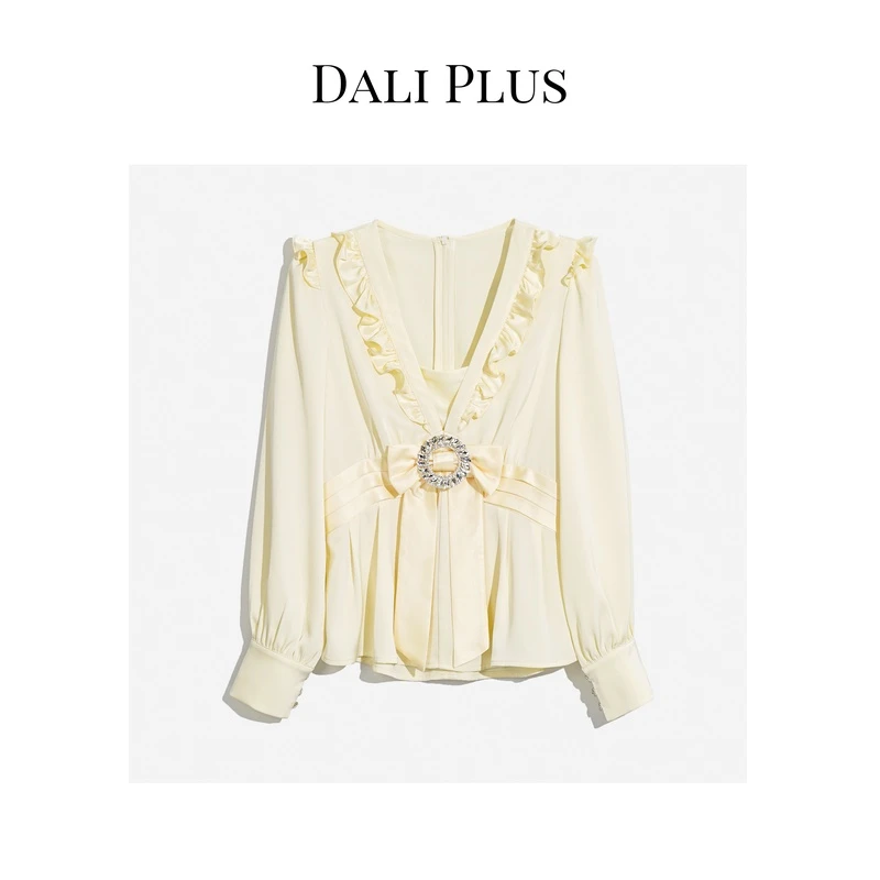 DALI PLUS高级感 气质有型腰带设计奶黄色V领蝴蝶结衬衫-GZ-04016