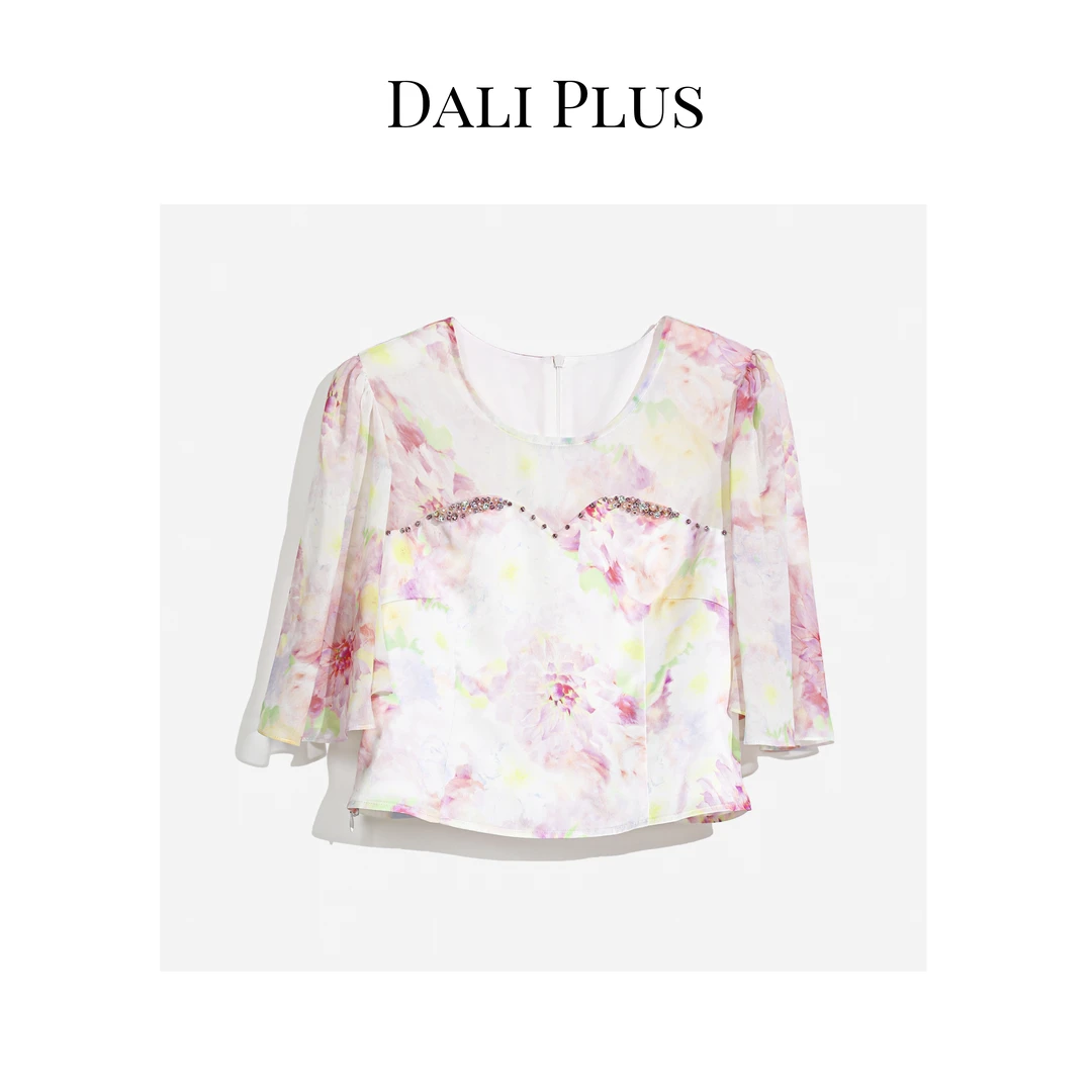 DALI PLUS气质精致镶钻甜美设计感粉色印花薄款短袖衬衫-SY349