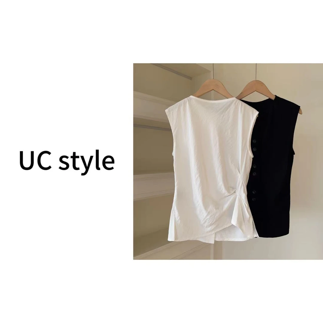 UCA6173【千岛】开叉捏褶不规则无袖上衣主播穿S码