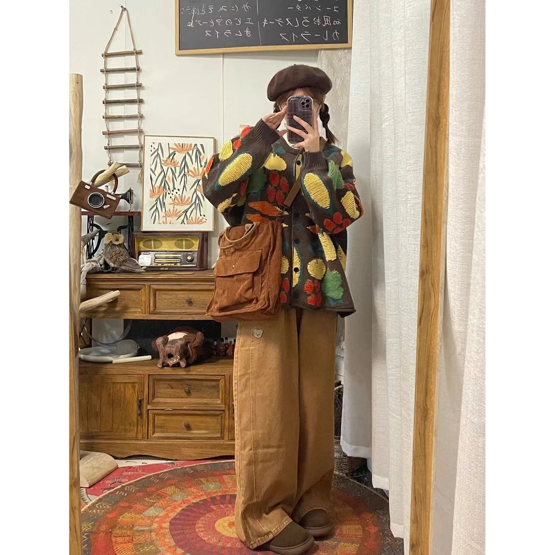 2025秋冬新款甜美花朵休闲宽松慵懒风毛衣外套复古百搭针织开衫女