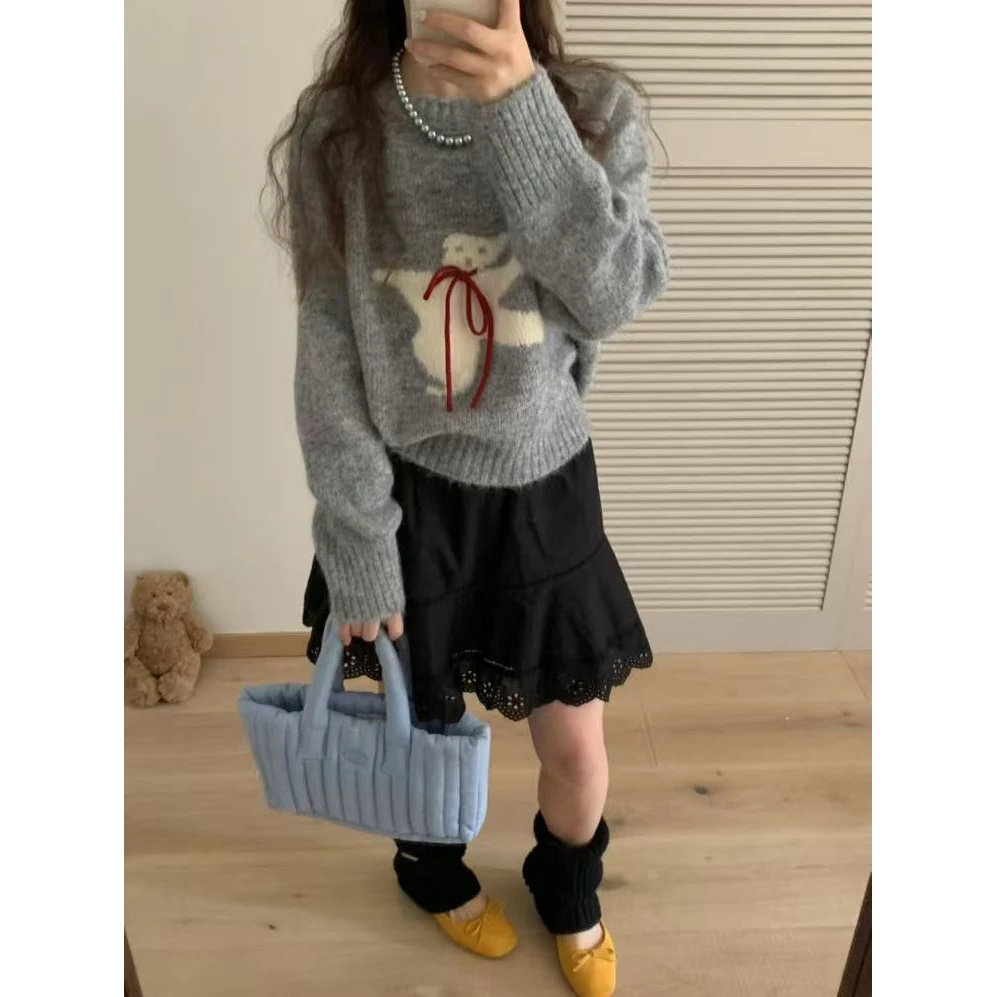 慵懒风提花卡通小熊灰色毛衣女秋冬套头韩版外穿宽松加厚针织上衣