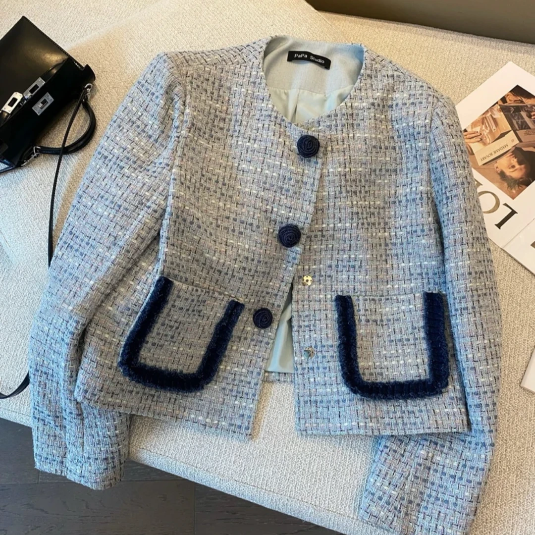 【加厚加绒】蓝色格子小香风粗外套女2024秋冬高级感气质上衣女外套