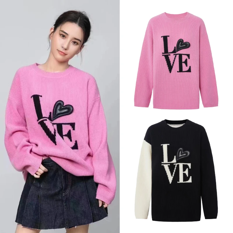 9125【M】2024年秋季新款时尚立体皮质爱心章仔宽松落肩长袖毛衣女