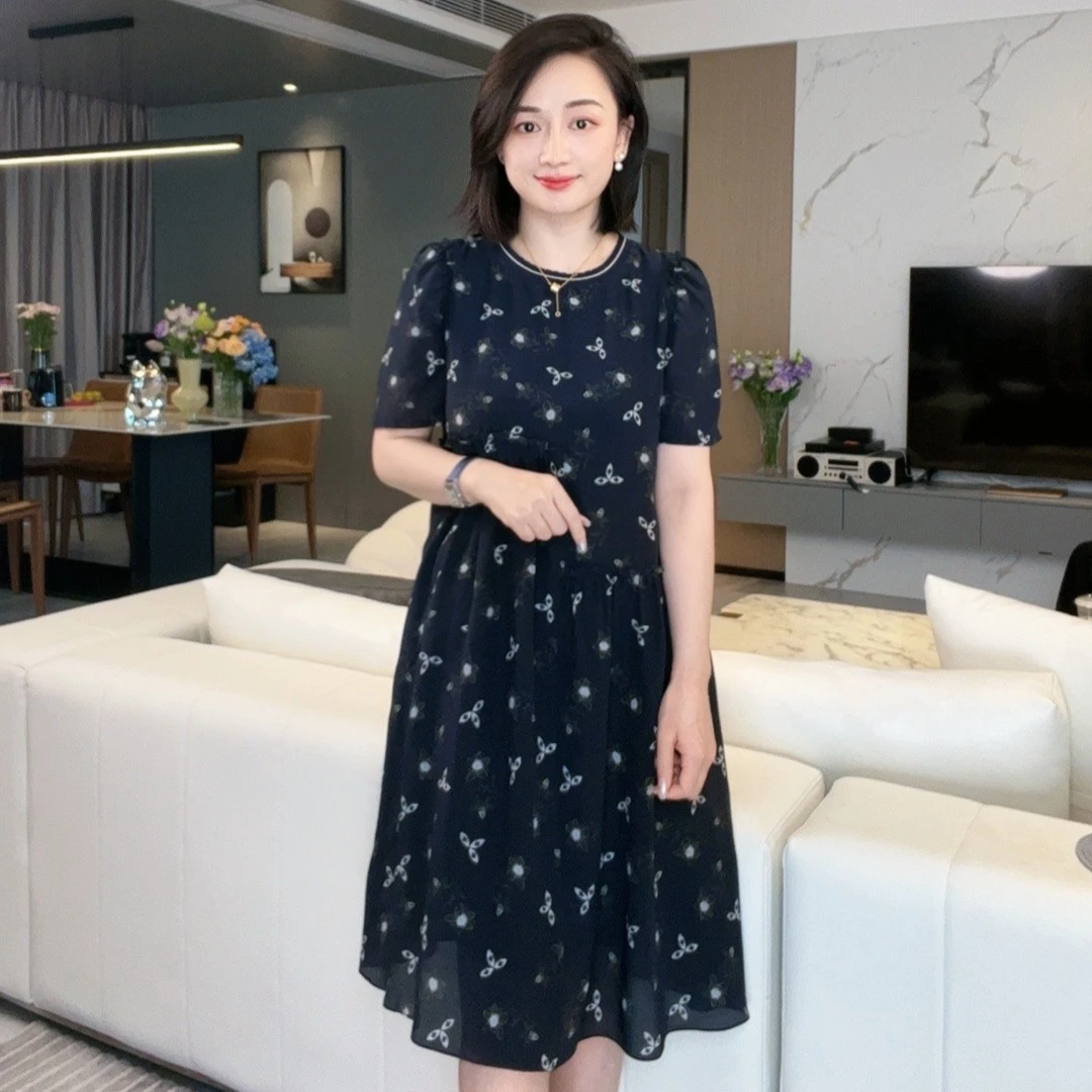 《潇潇心选》藏蓝色小太阳花花真丝连衣裙圆领碎花夏季气质90326