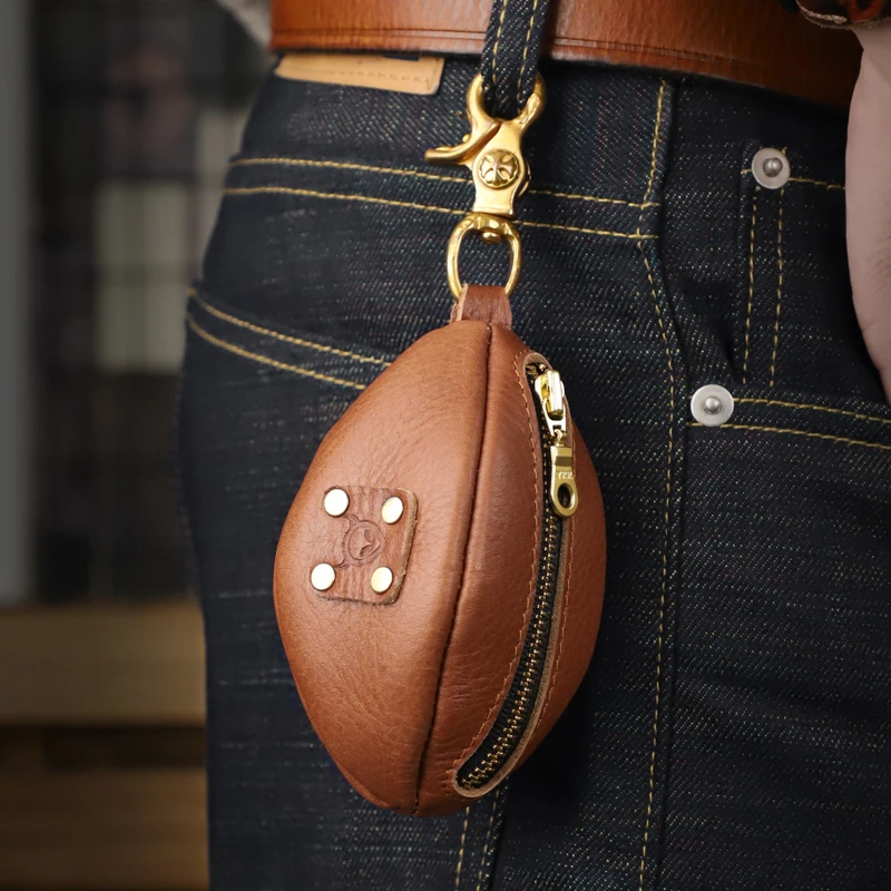 手工牛皮腰挂钥匙包男头层真皮个性橄榄球锁匙包防摔复古钥匙扣潮