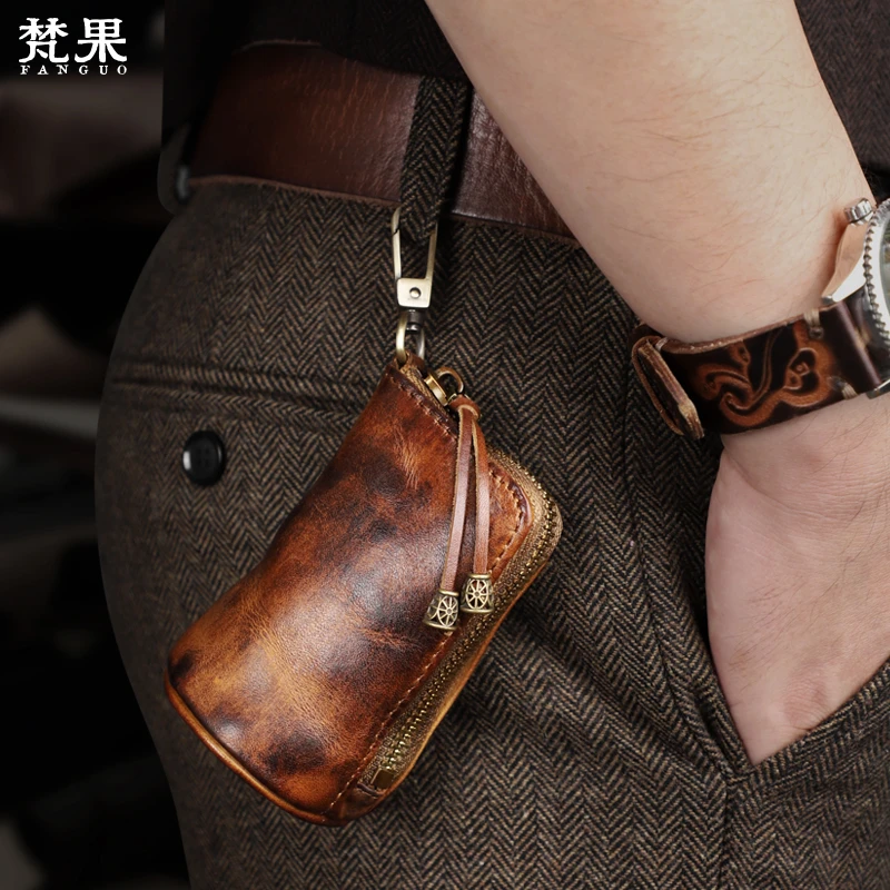 手工复古植鞣牛皮钥匙包头层真皮汽车钥匙包腰挂零钱收纳包日系潮