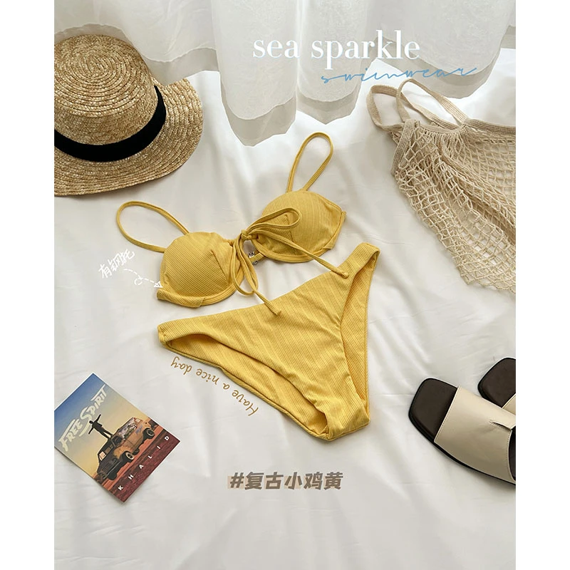 [Sea Sparkle]欧美ins复古少女性感沙滩度假比基尼黄色小胸高级
