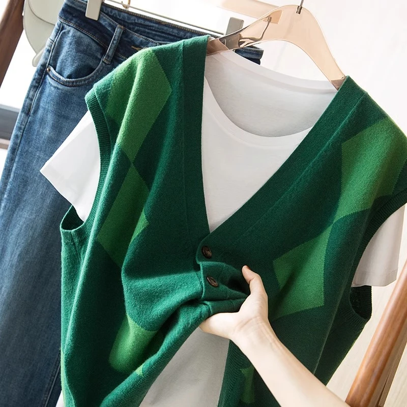 春秋新款半高领立体感花纹短袖百搭针织衫+羊毛V领针织背心开衫